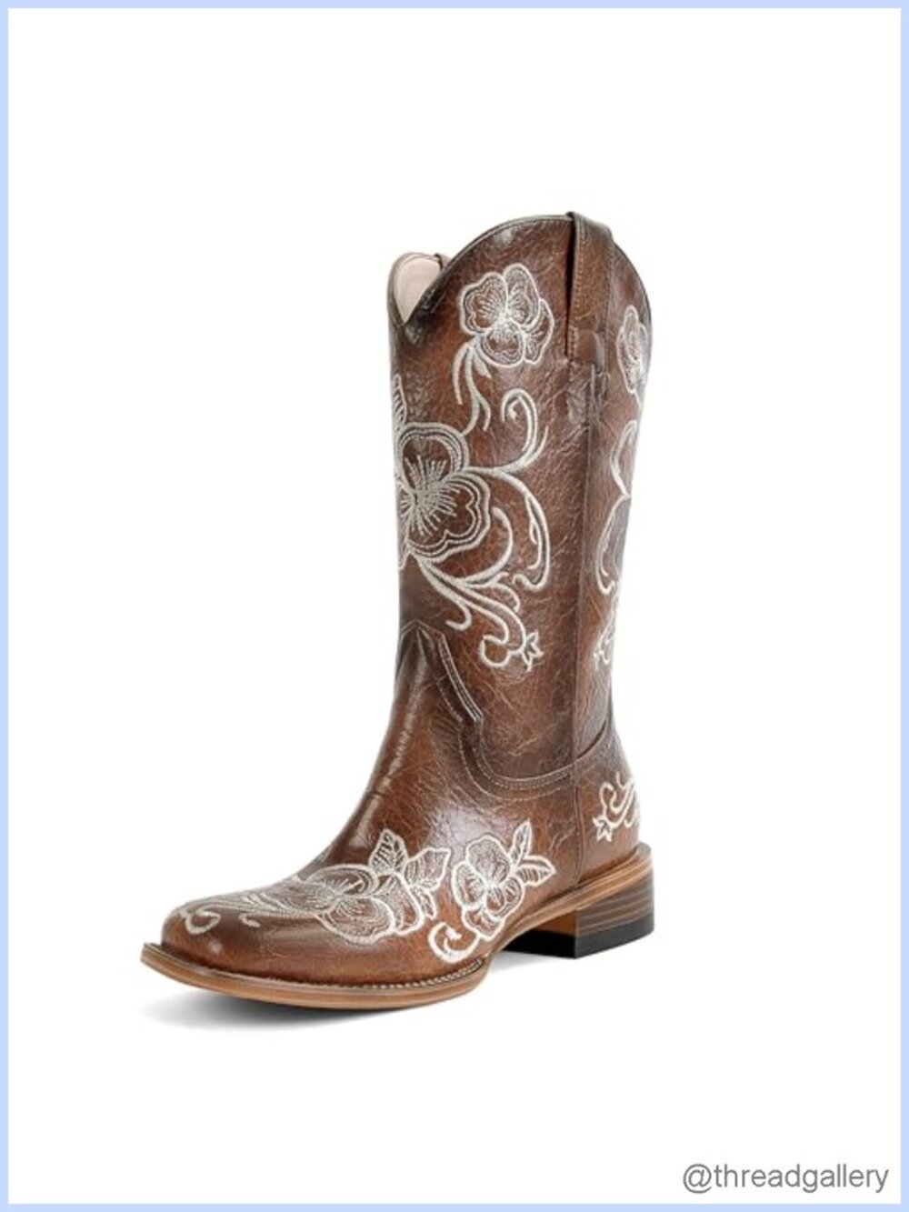Floral Embroidered Western Cowboy Boots Women Square Toe Chunky Heel Mid Calf